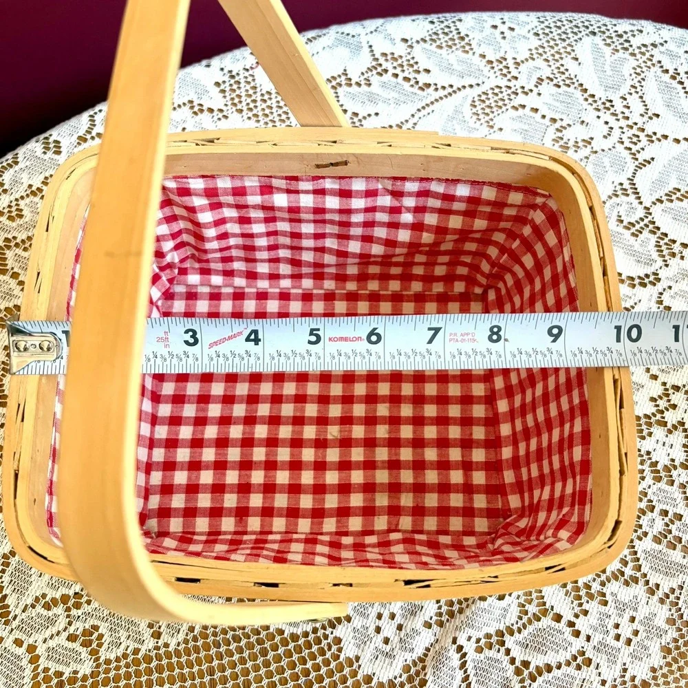Vintage Woven Picnic Basket Red Gingham Lining Swing Handle 10x8x5 Cottage Retro